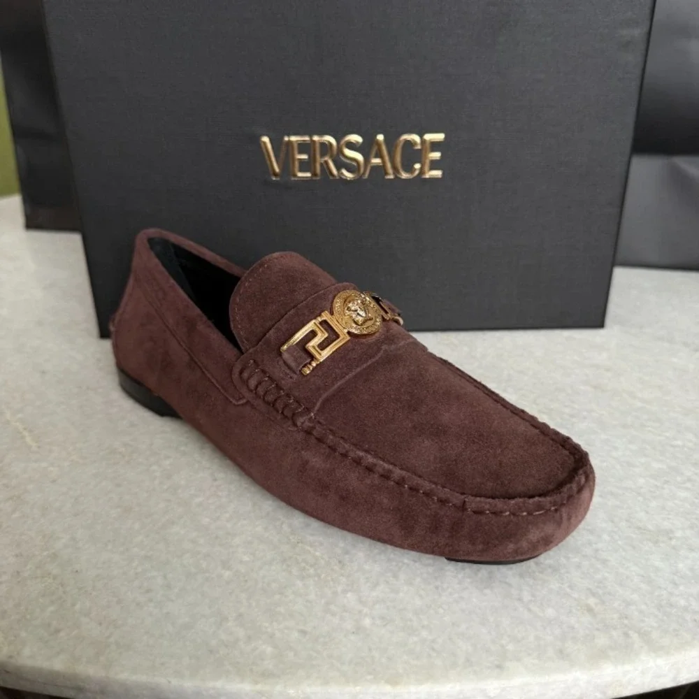VERSACE 1009707 Medusa Men's Brown Suede Driver‎ Shoes, 40